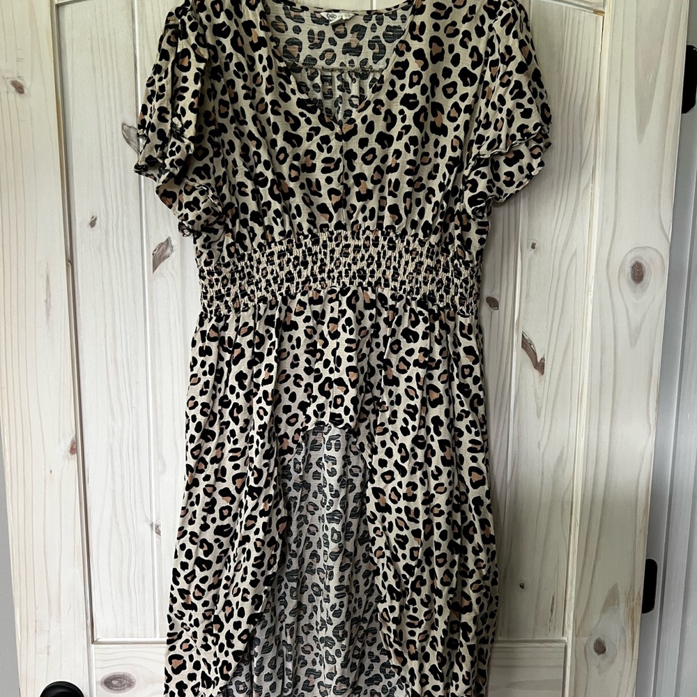 Cato Animal Print Hi-Low Tunic Dress with Smocked Detail